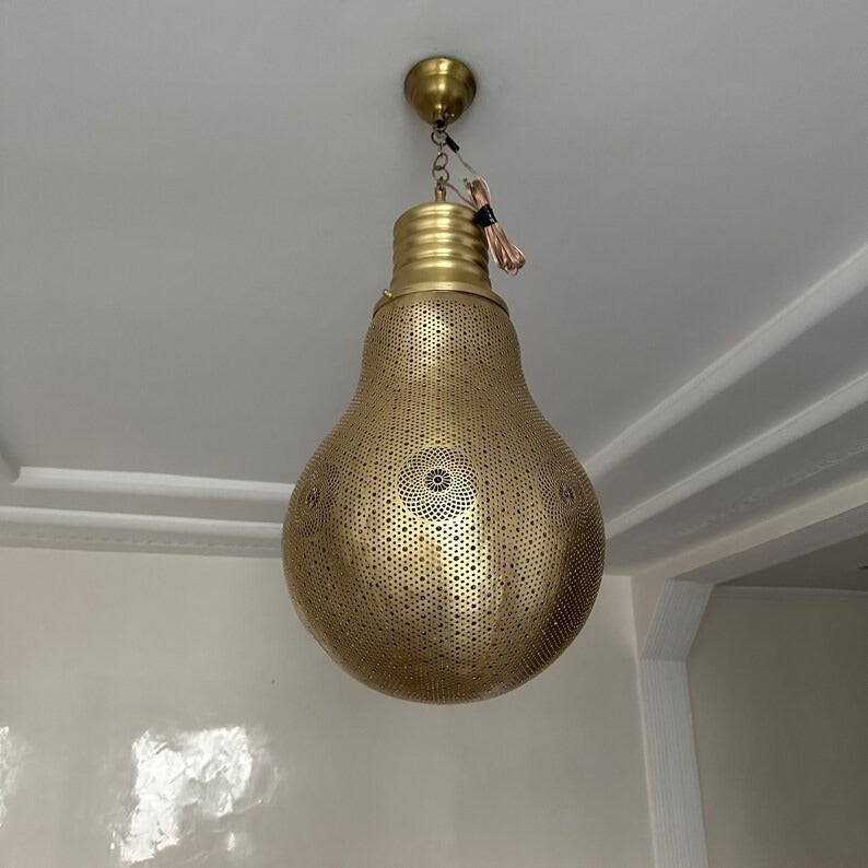 Moroccan Pierced Silver Bulb Pendant Light, Handmade Moorish Teardrop Hanging Chandelier, Boho Arabic Shadow Lantern, Gold Accent Filigree Ceiling Light Fixture