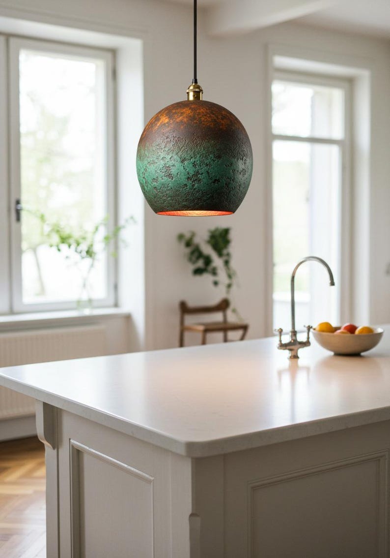 Handmade Moroccan Brass Pendant Light – Green Verdigris Globe Ceiling Lamp with Aged Copper Patina and Warm Interior Glow