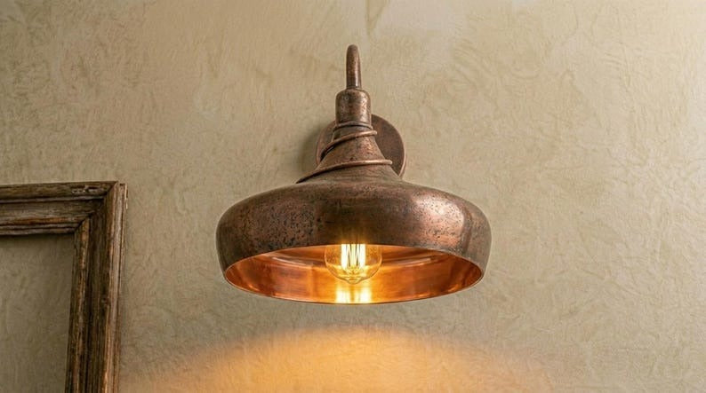 Handmade Brass Wall Sconce – Aged Copper Brass Dome Wall Light, Moroccan Rustic Farmhouse Wall Lamp with Curved Arm Fixture