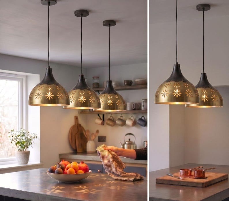 Handmade Moroccan Brass Pendant Light – Two-Tone Antique Black and Gold Dome Hanging Lamp with Floral Cutouts for Kitchen Island, Dining Room, Bedroom & Entryway