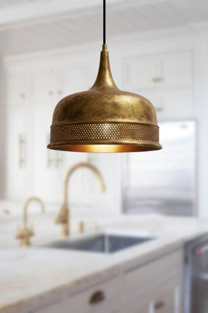 Handmade Antique Brass Pendant Light – Moroccan Dome Hanging Lamp with Pierced Band for Kitchen Island, Dining Room & Boho Home Décor
