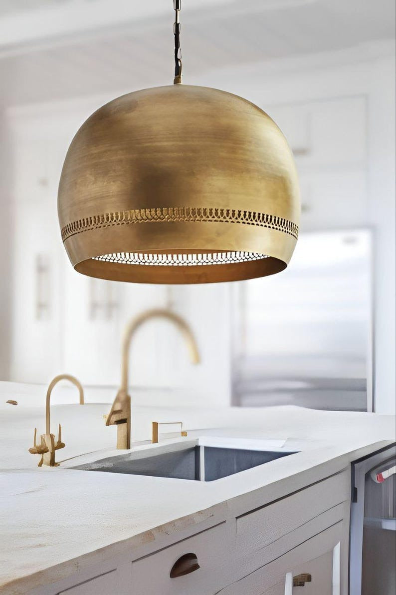 Handmade Brass Dome Pendant Light – Antique Brass Moroccan Ceiling Lamp, Pierced Brass Kitchen Island Pendant, Rustic Dining Room Light Fixture