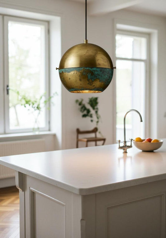 Aged Copper Brass Cone Pendant Light – Hand-Stitched Rustic Kitchen Island Chandelier with Patina Finish
