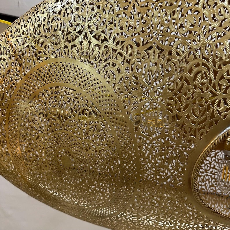 Handmade Moroccan Brass Pendant Light – Large Oval Pierced Ceiling Lantern with Arabesque Floral Medallions, Moorish Statement Chandelier for Dining Room, Living Room & Kitchen Island