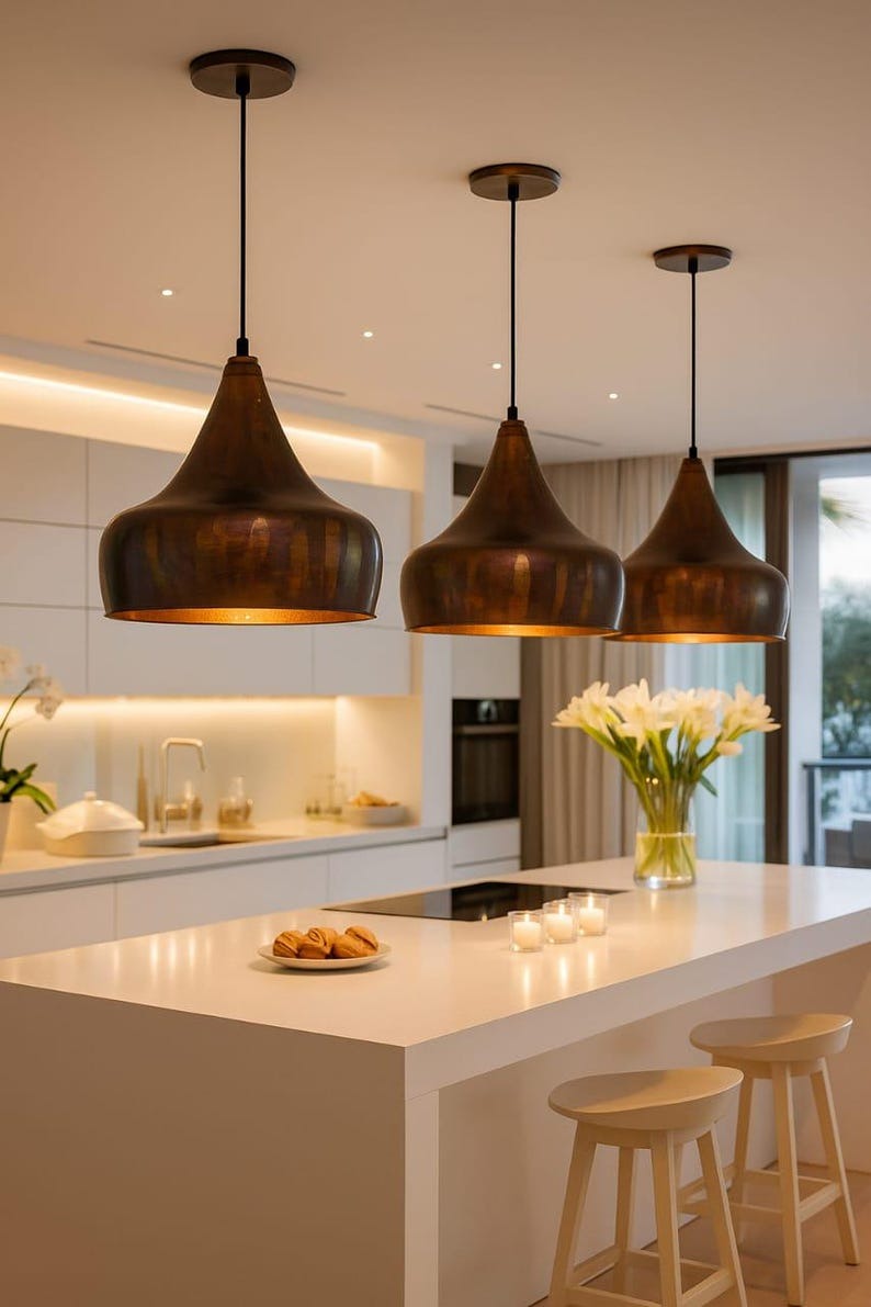 Antique Brass Bell Pendant Light – Handcrafted Moroccan Kitchen Island Chandelier with Warm Aged Finish