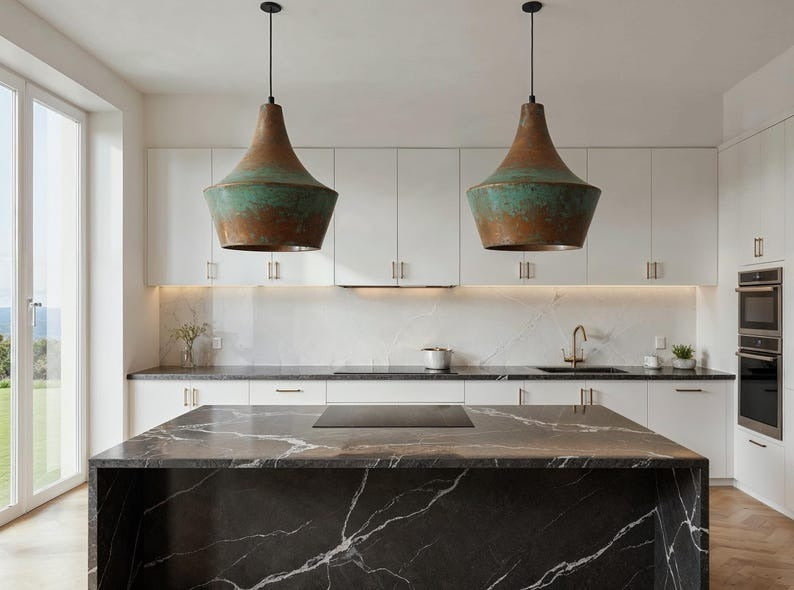 Verdigris Brass Bell Pendant Light – Antique Copper Moroccan Kitchen Island & Dining Chandelier