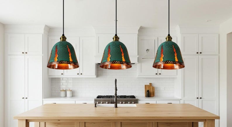 Verdigris Brass Pendant Light – Hammered Copper Bell Shade with Cutout Flame Design