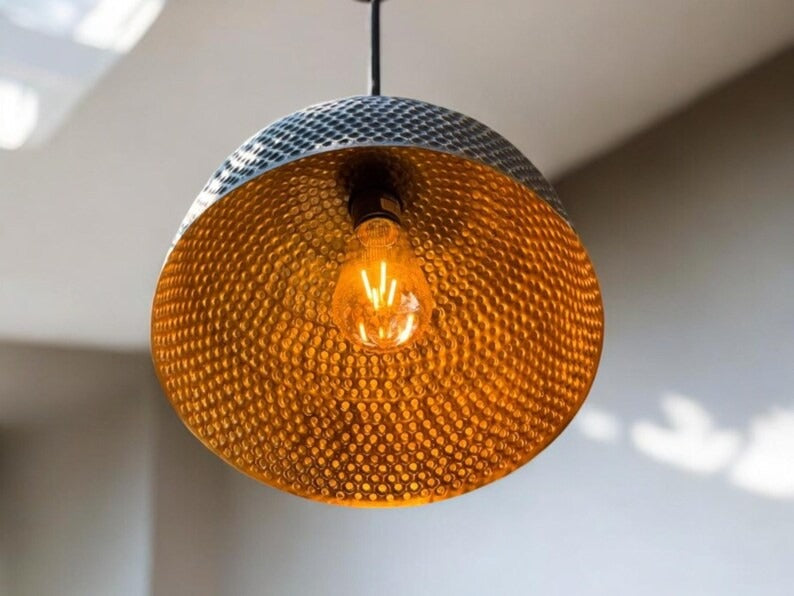 Handmade Moroccan Brass Pendant Light – Hammered Black Dome Ceiling Lamp with Warm Gold Interior and Modern Artisan Design