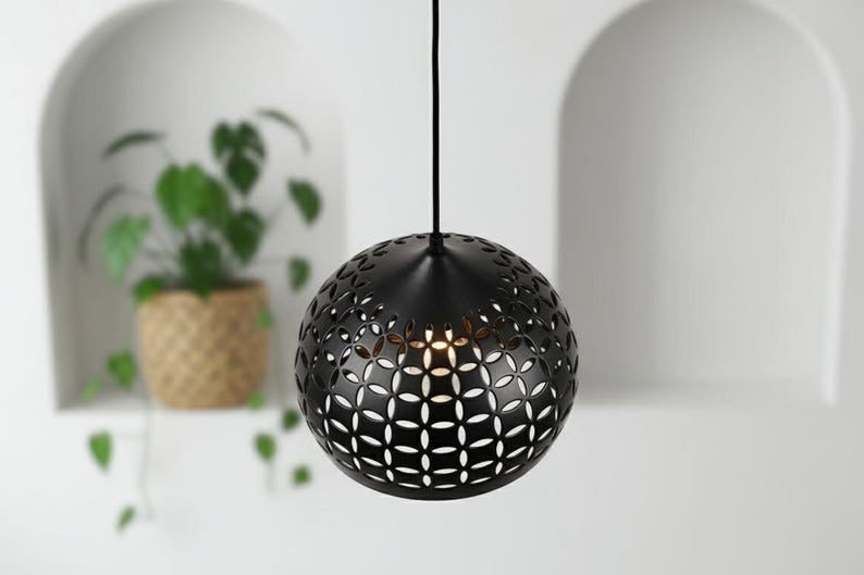 Handmade Moroccan Brass Pendant Light – Black Pierced Brass Dome Hanging Lamp with Floral Cutout Pattern, Boho Mediterranean Ceiling Light for Kitchen Island, Dining Room, Bedroom & Entryway