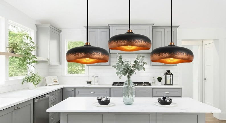 Handmade Black & Copper Brass Pendant Light – Moroccan Saucer Dome Hanging Lamp with Warm Hammered Interior for Kitchen Island, Dining Room & Modern Boho Home Décor
