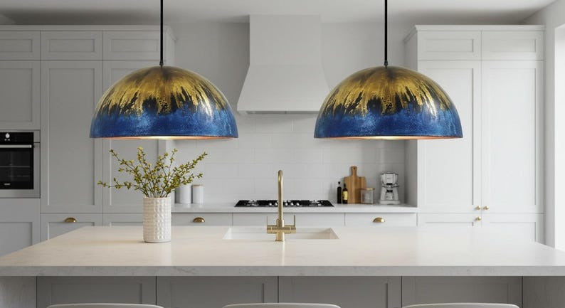 Handmade Moroccan Brass Dome Pendant Light – Deep Blue Brass Hanging Lamp with Antique Gold Drip Patina and Warm Copper Interior, Boho Mediterranean Ceiling Light for Kitchen Island, Dining Room & Living Room