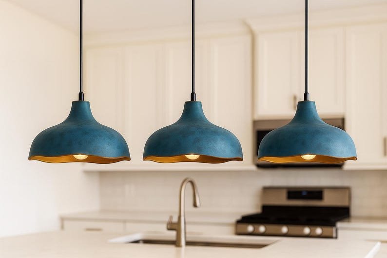 Blue Patina Brass Pendant Light, Handmade Wavy Dome Ceiling Lamp, Moroccan Kitchen Island Chandelier with Gold Interior