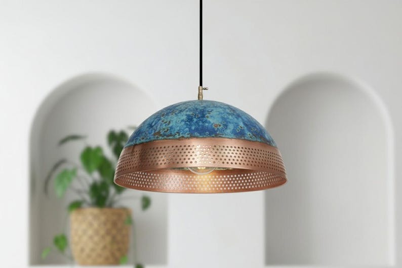 Handmade Moroccan Brass Dome Pendant Light – Blue Patina and Perforated Copper Brass Hanging Lamp, Boho Mediterranean Ceiling Light for Kitchen Island, Dining Room, Bedroom & Entryway