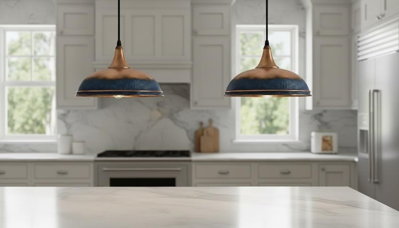 Handmade Moroccan Brass Pendant Light – Blue Patina and Antique Copper Dome Ceiling Lamp, Rustic Kitchen Island Lighting Fixture