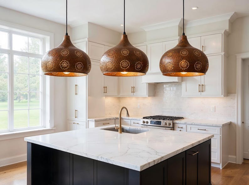 Pierced Hammered Copper Onion Pendant Light, Handmade Moroccan Copper Chandelier, Perforated Kitchen Island Hanging Lamp, Rustic Boho Farmhouse Ceiling Light Fixture