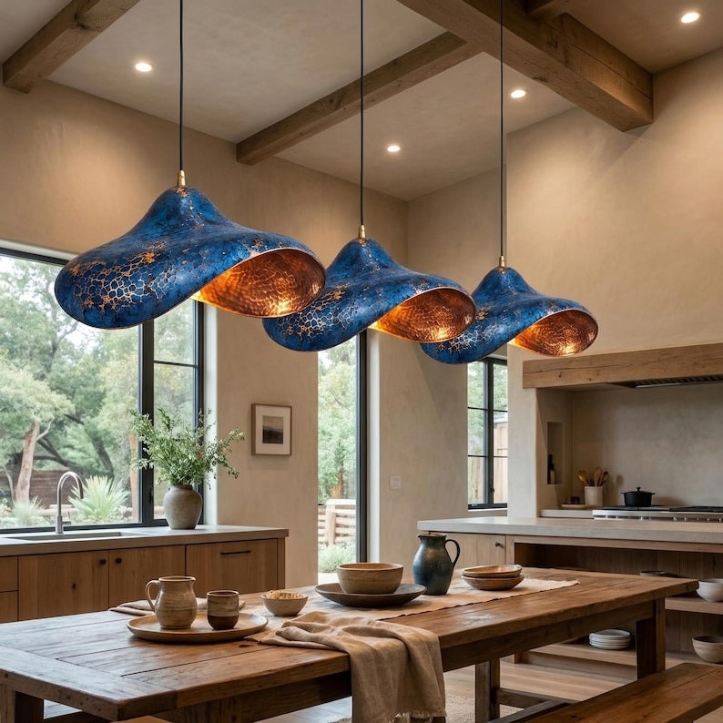 Handmade Moroccan Brass Sculptural Pendant Light – Blue Verdigris Patina Hanging Lamp with Hammered Copper Interior, Modern Organic Ceiling Light for Kitchen Island, Dining Room & Living Room
