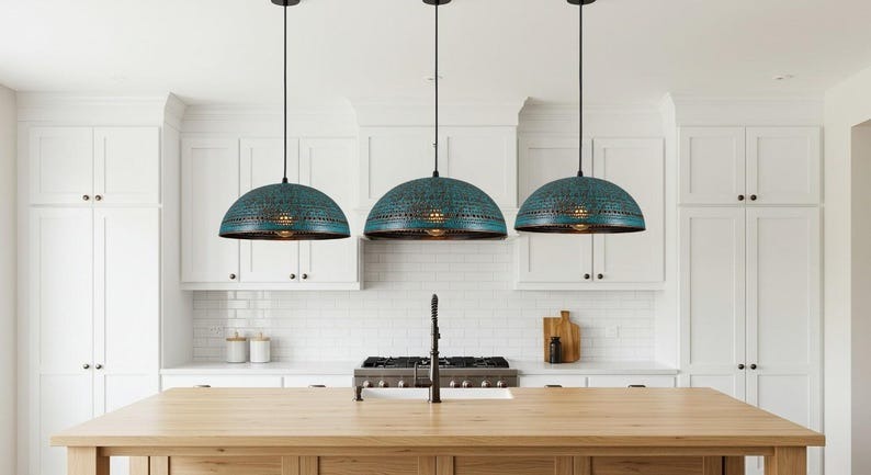 Verdigris Brass Dome Pendant Light – Pierced Moroccan Kitchen Island Chandelier with Turquoise Patina