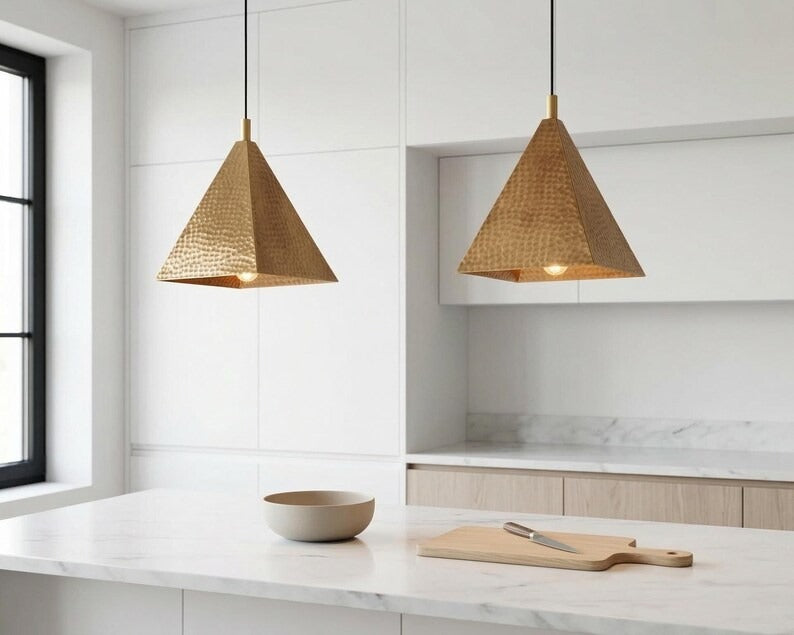 Handmade Moroccan Brass Pyramid Pendant Light – Hammered Copper Brass Geometric Hanging Lamp, Modern Boho Ceiling Light for Kitchen Island, Dining Room, Bedroom & Entryway