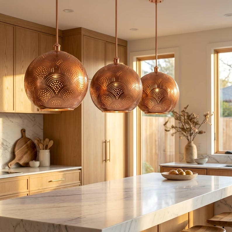 Handmade Moroccan Brass Globe Pendant Light – Perforated Copper Brass Hanging Lamp with Geometric Starburst Pattern, Boho Moorish Ceiling Light for Kitchen Island, Dining Room, Bedroom & Entryway