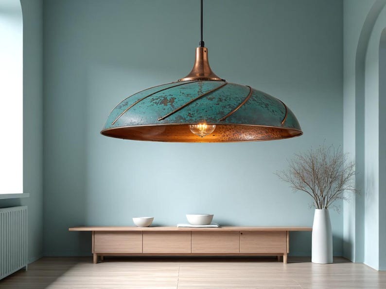 Moroccan Brass Turquoise Patina Spiral Dome Pendant Light, Handmade Copper Accent Brass Hanging Lamp, Boho Coastal Kitchen Island Chandelier, Rustic Antique Brass Ceiling Light Fixture