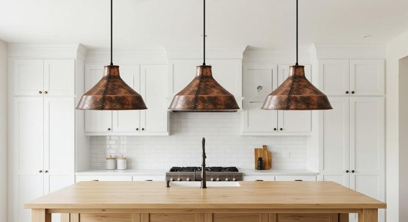 Handmade Moroccan Brass Pendant Light – Antique Copper Finish Industrial Dome Lamp with Hand-Stitched Seam, Rustic Kitchen Island Ceiling Fixture