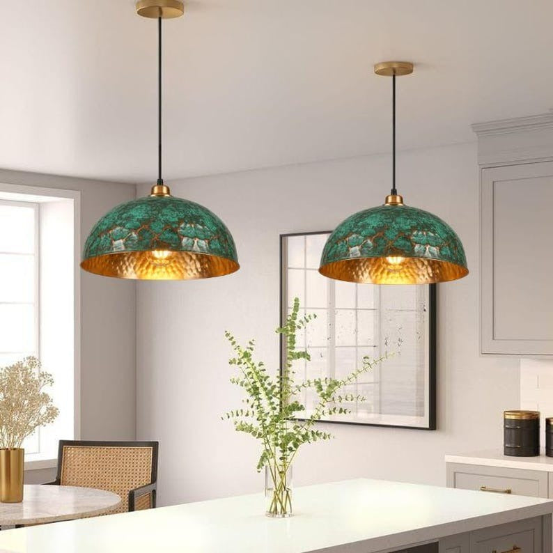 Handmade Green Patina Brass Pendant Light – Moroccan Hammered Dome Hanging Lamp with Warm Gold Interior for Kitchen Island, Dining Room & Boho Home Décor
