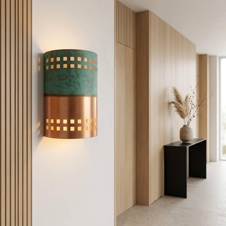 Handmade Moroccan Brass Cylinder Wall Sconce – Green Verdigris and Copper Brass Wall Light with Square Cutouts, Modern Up and Down Lamp for Hallway, Bedroom, Entryway & Living Room