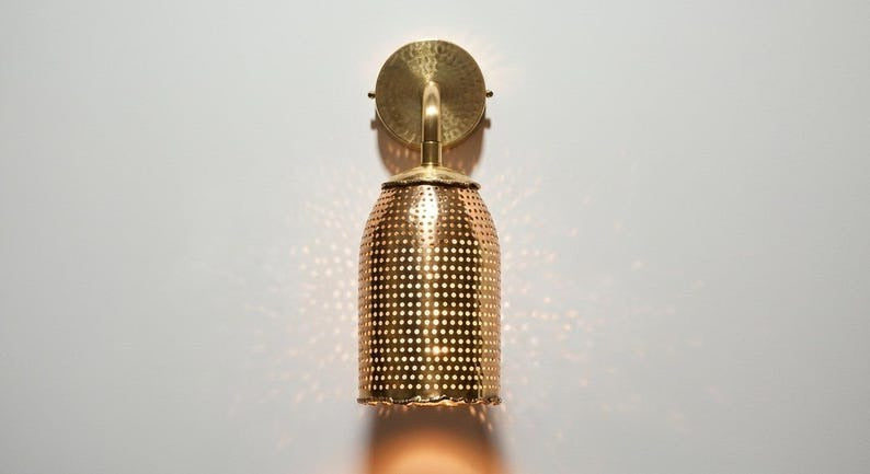Handmade Moroccan Brass Wall Sconce – Perforated Antique Gold Brass Bell Wall Light with Hammered Backplate, Boho Shadow Lamp for Bedroom, Hallway, Bathroom & Entryway