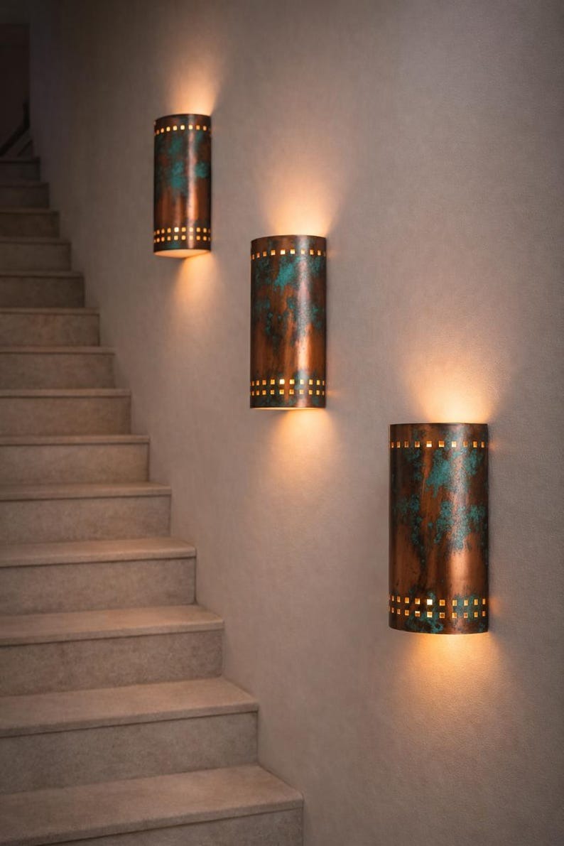 Verdigris Copper Brass Wall Sconce – Up & Down Moroccan Cylinder Light with Geometric Cutouts