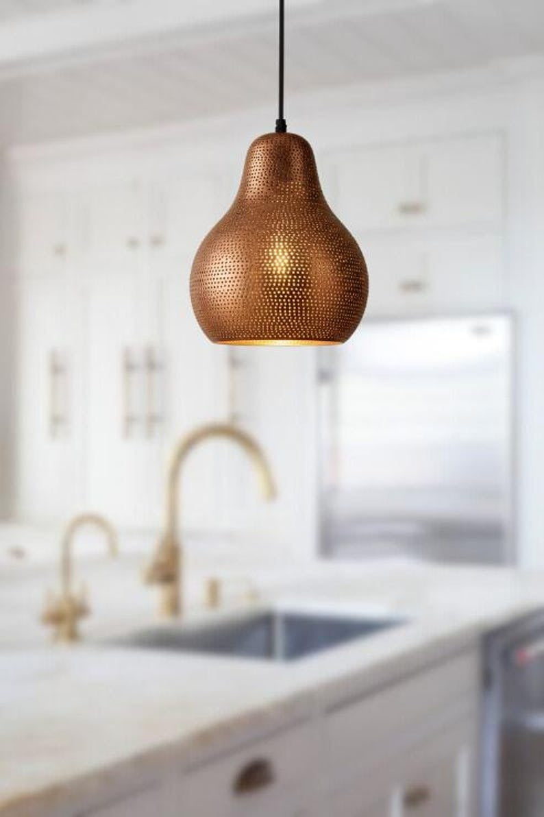 Handmade Perforated Brass Pendant Light – Moroccan Gourd Pendant Lamp with Copper Brass Finish for Kitchen Island, Dining Room & Boho Home Décor