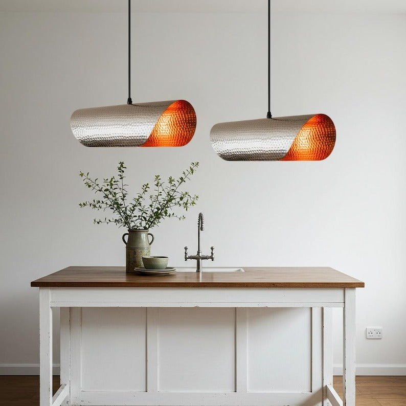 Hammered Brass Linear Pendant Light – Silver & Copper Two-Tone Capsule Kitchen Island Chandelier