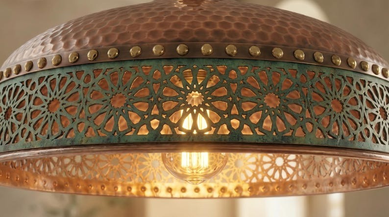 Handmade Brass Moroccan Pendant Light – Copper Hammered Brass Hanging Lamp with Verdigris Green Patina Pierced Band, Rustic Kitchen Island Ceiling Fixture