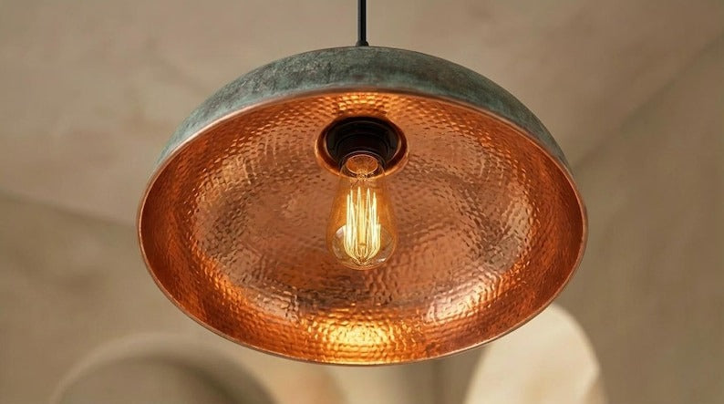 Handmade Moroccan Brass Pendant Light – Hammered Copper Dome with Green Verdigris Patina Band, Rustic Kitchen Island Ceiling Lamp