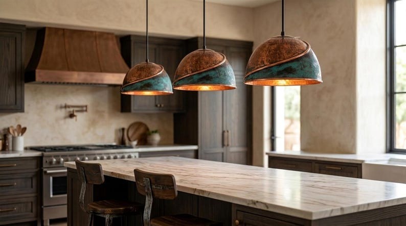 Handmade Moroccan Brass Pendant Light – Hammered Dome Ceiling Lamp with Verdigris Patina, Spiral Copper Band & Rustic Aged Finish
