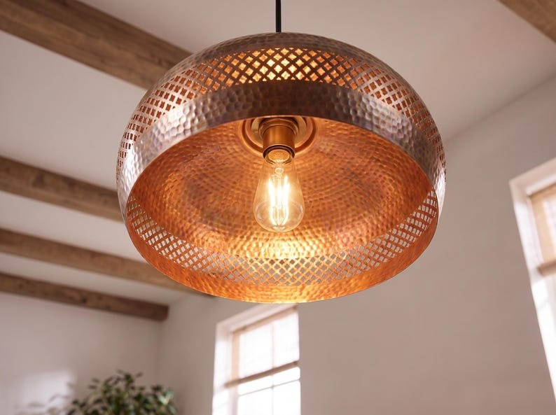 Set of 3 Handmade Moroccan Brass Pendant Lights – Hammered Copper Finish Round Ceiling Lamps with Pierced Geometric Design, Kitchen Island Lighting