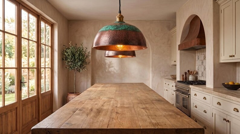 Handmade Moroccan Brass Pendant Light – Hammered Dome Ceiling Lamp with Verdigris Green Patina, Antique Copper Finish & Warm Downlight