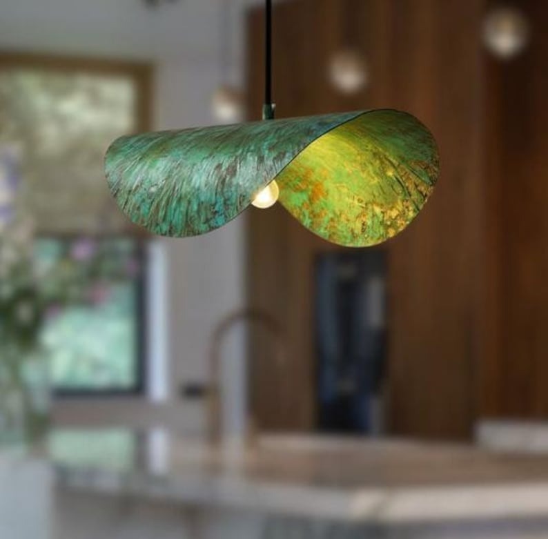 Sculptural Verdigris Brass Wave Pendant Light – Organic Green Patina Kitchen Island Chandelier