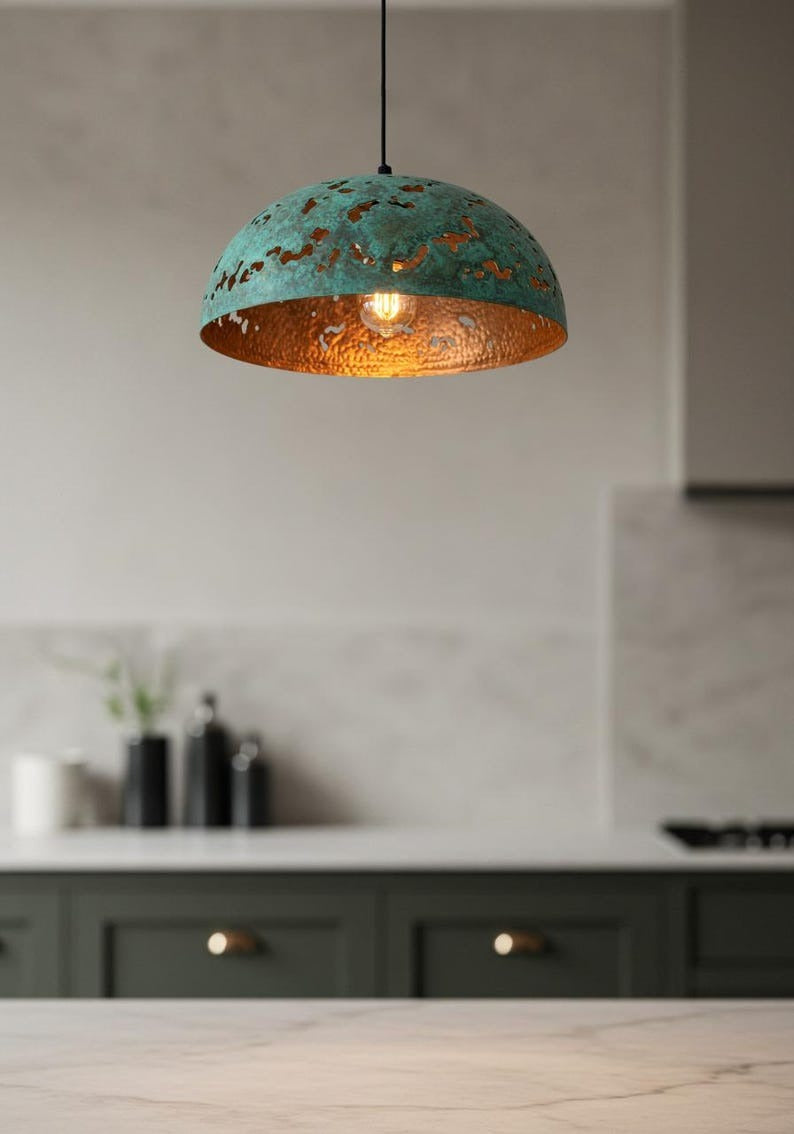 Verdigris Brass Dome Pendant Light – Hammered Copper Cutout Kitchen Island Chandelier