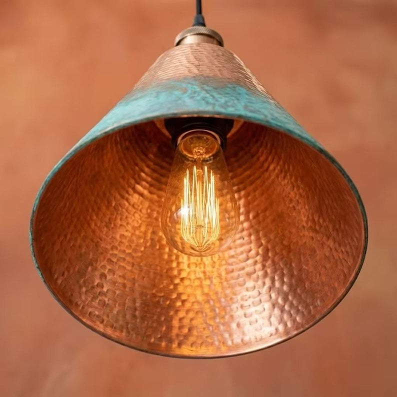 Handmade Moroccan Brass Pendant Light – Hammered Cone Ceiling Lamp with Turquoise Verdigris & Copper Finish, Artisan Kitchen Island Hanging Light