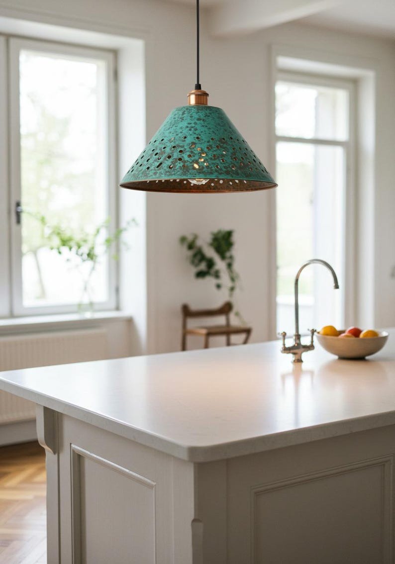 Handmade Moroccan Brass Pendant Light – Pierced Verdigris Cone Ceiling Lamp with Green Patina, Warm Copper Interior & Kitchen Island Design