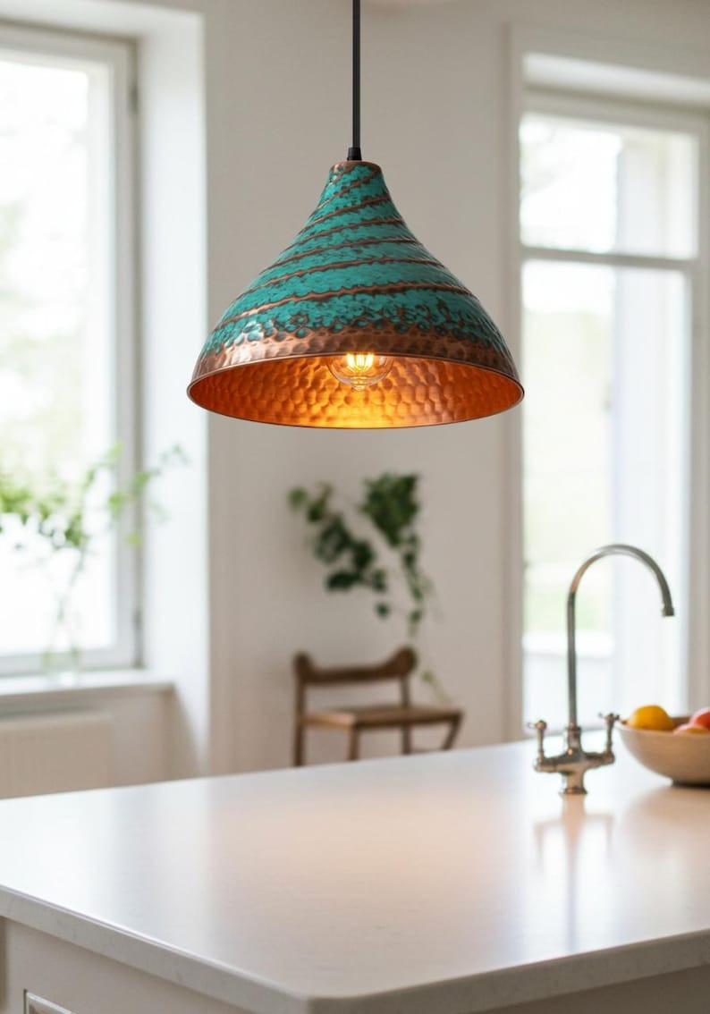 Verdigris Brass Cone Pendant Light – Hammered Copper Moroccan Kitchen Island Chandelier