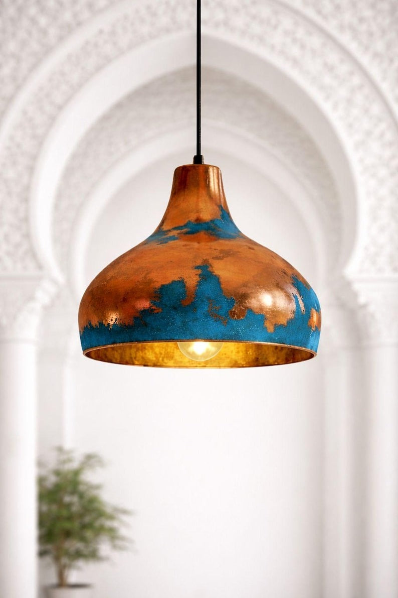 Blue & Copper Brass Dome Pendant Light – Hand-Finished Moroccan Kitchen Island Chandelier
