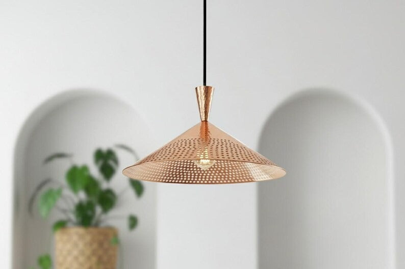 Handmade Moroccan Brass Cone Pendant Light – Perforated Copper Brass Hanging Lamp with Hammered Texture, Modern Boho Ceiling Light for Kitchen Island, Dining Room, Bedroom & Entryway