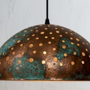 Pierced Copper Dome Pendant Light, Handmade Moroccan Green Patina Copper Chandelier, Rustic Perforated Kitchen Island Hanging Lamp, Boho Farmhouse Ceiling Light Fixture