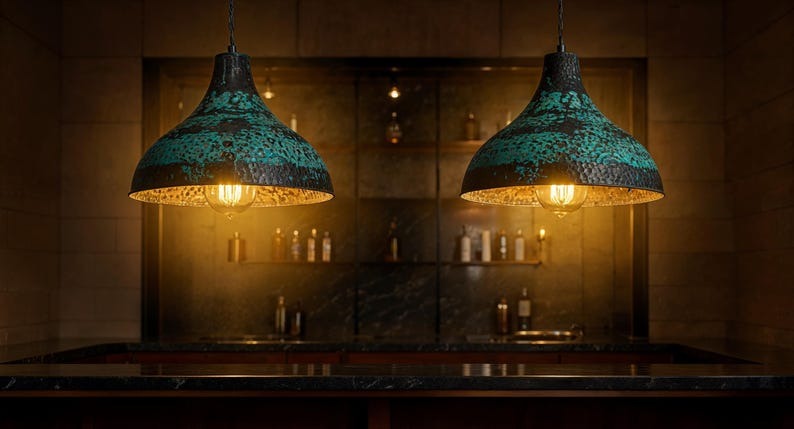 Green Patina Copper Funnel Pendant Light, Handmade Moroccan Verdigris Kitchen Island Chandelier, Rustic Aged Copper Hanging Lamp, Boho Farmhouse Ceiling Light Fixture