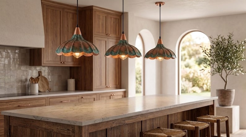 Handmade Moroccan Brass Pendant Light – Hammered Flower Dome Ceiling Lamp with Verdigris Patina, Copper Petal Shade & Scalloped Design