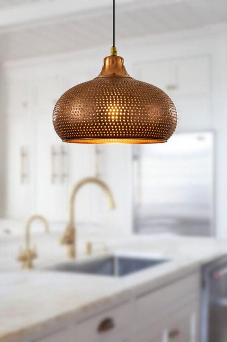 Handmade Perforated Brass Pendant Light – Moroccan Copper Saucer Dome Hanging Lamp with Warm Gold Interior for Kitchen Island, Dining Room & Boho Home Décor