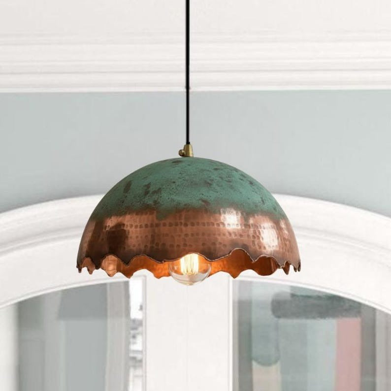 Handmade Copper Brass Pendant Light – Moroccan Scalloped Dome Hanging Lamp with Green Patina Top for Kitchen Island, Dining Room & Boho Home Décor