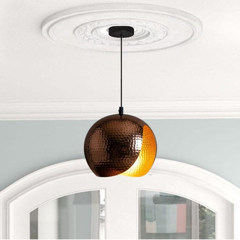 Handmade Hammered Brass Pendant Light – Moroccan Crescent Globe Hanging Lamp with Copper Finish & Warm Gold Interior for Kitchen Island, Dining Room & Boho Home Décor