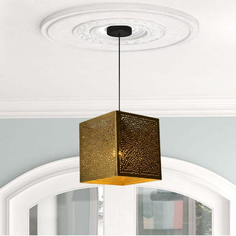 Handmade Brass Pendant Light – Moroccan Cube Hanging Lamp with Perforated Shadow Pattern for Kitchen Island, Dining Room & Modern Boho Home Décor